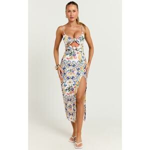 Showpo Janice Midi Dress – Positano Print • Knot Front + Front Split • NWT